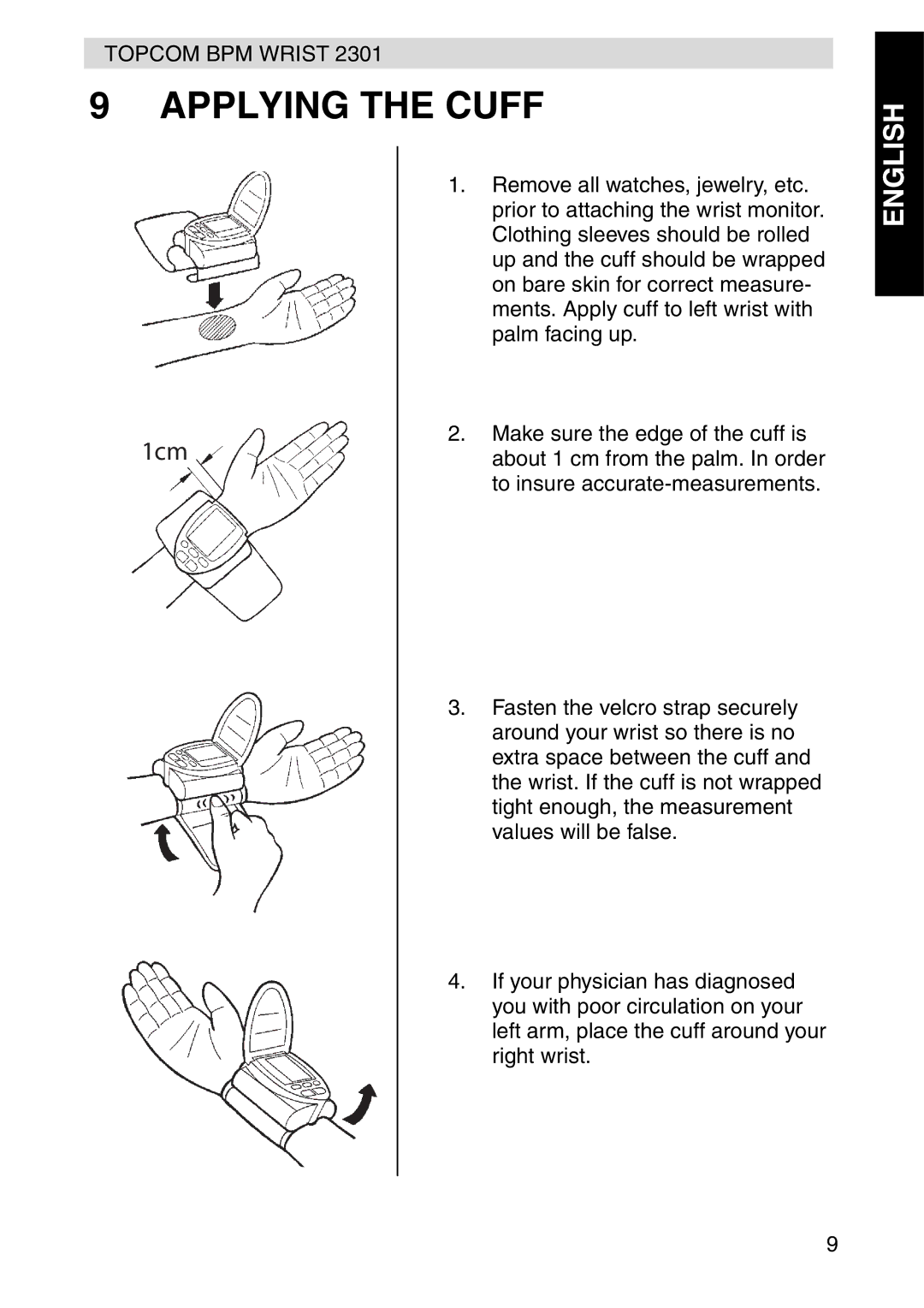 Topcom 2301 manual Applying the Cuff, 1cm 