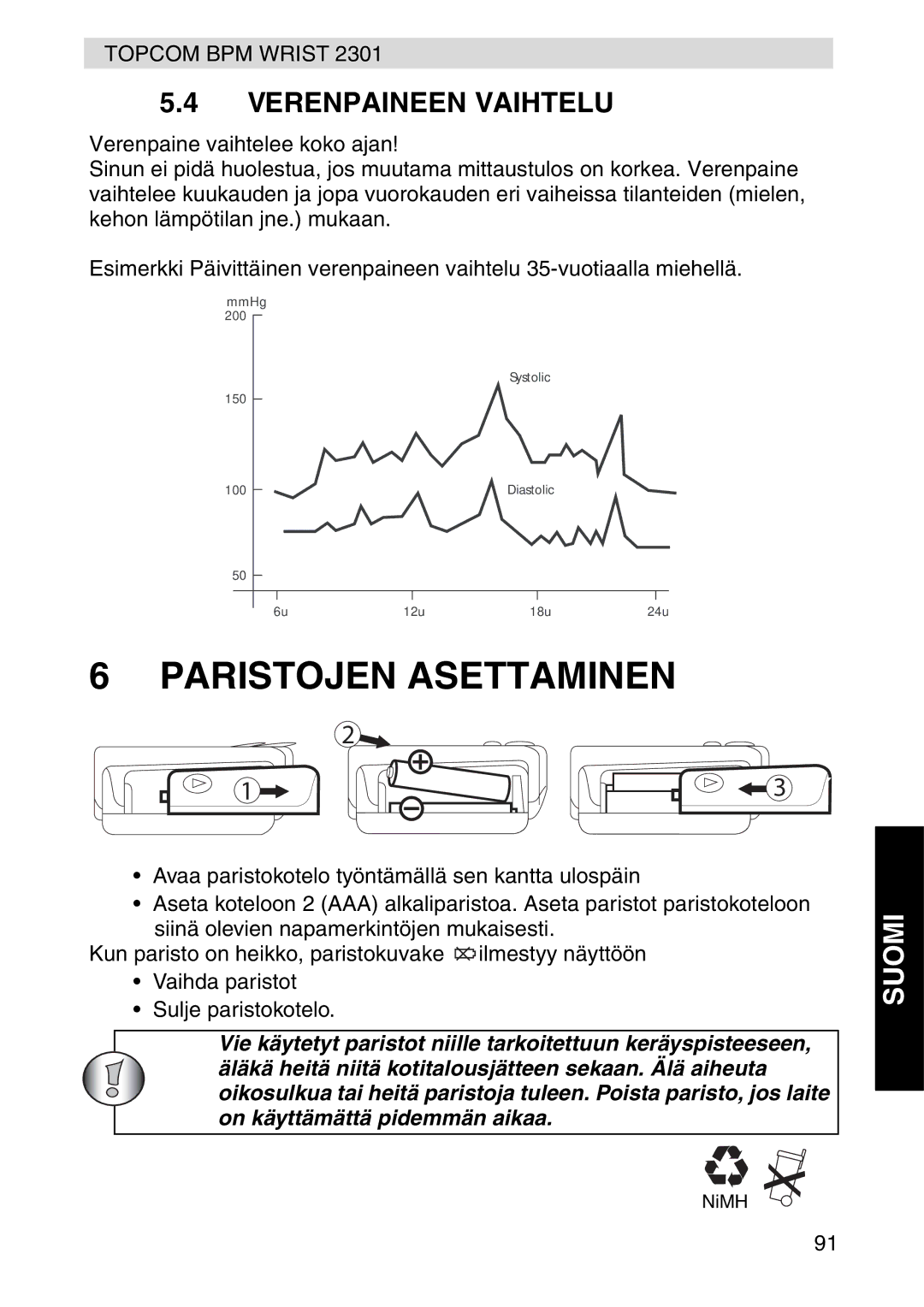 Topcom 2301 manual Paristojen Asettaminen, Verenpaineen Vaihtelu 