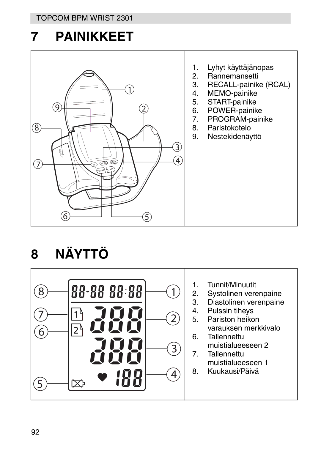 Topcom 2301 manual Painikkeet, Näyttö 