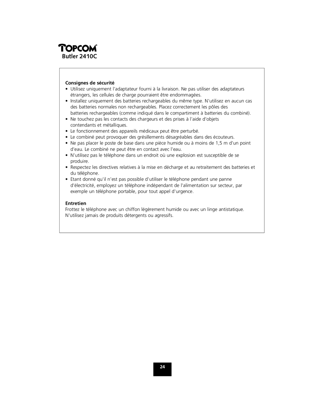 Topcom 2410 C manual Consignes de sécurité 