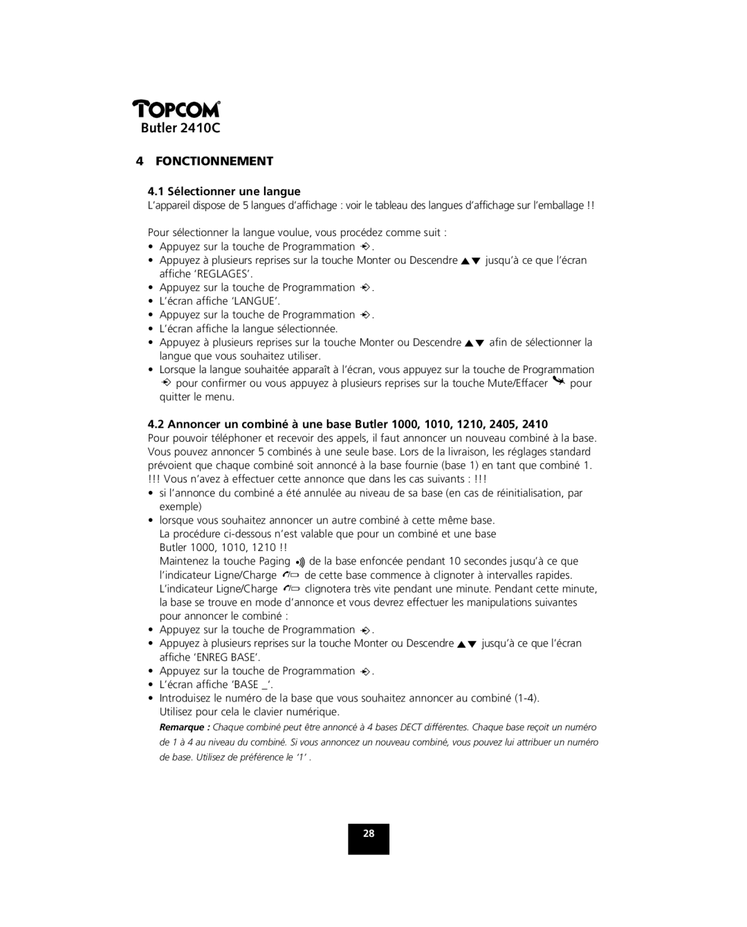 Topcom 2410 C manual Fonctionnement, Sélectionner une langue 