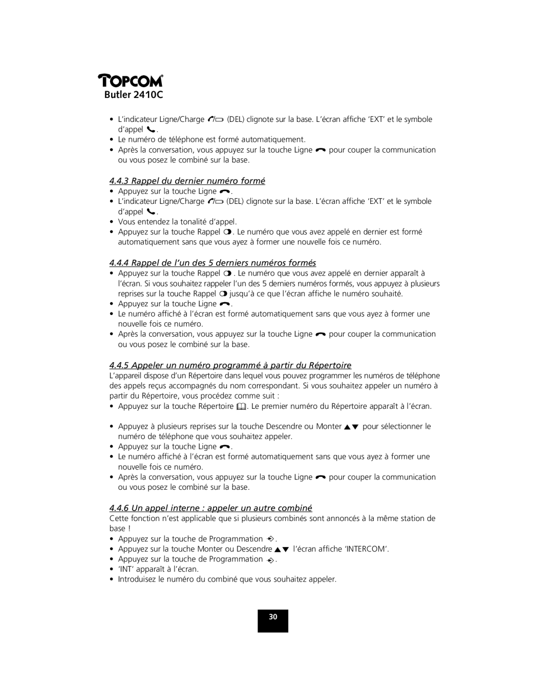 Topcom 2410 C manual Rappel du dernier numéro formé, Rappel de l’un des 5 derniers numéros formés 