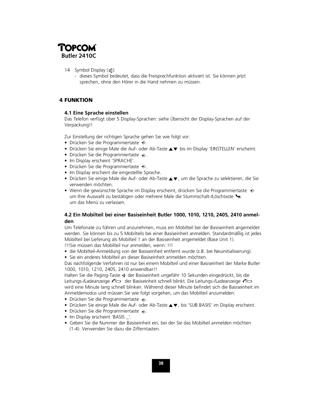 Topcom 2410 C manual Funktion, Eine Sprache einstellen 