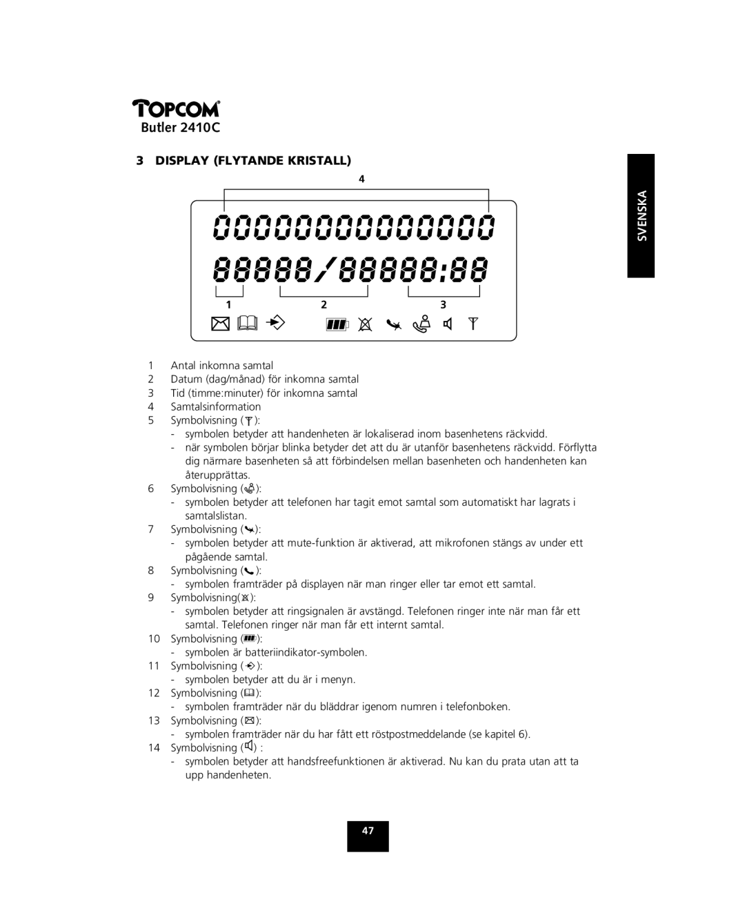 Topcom 2410 C manual Display Flytande Kristall 