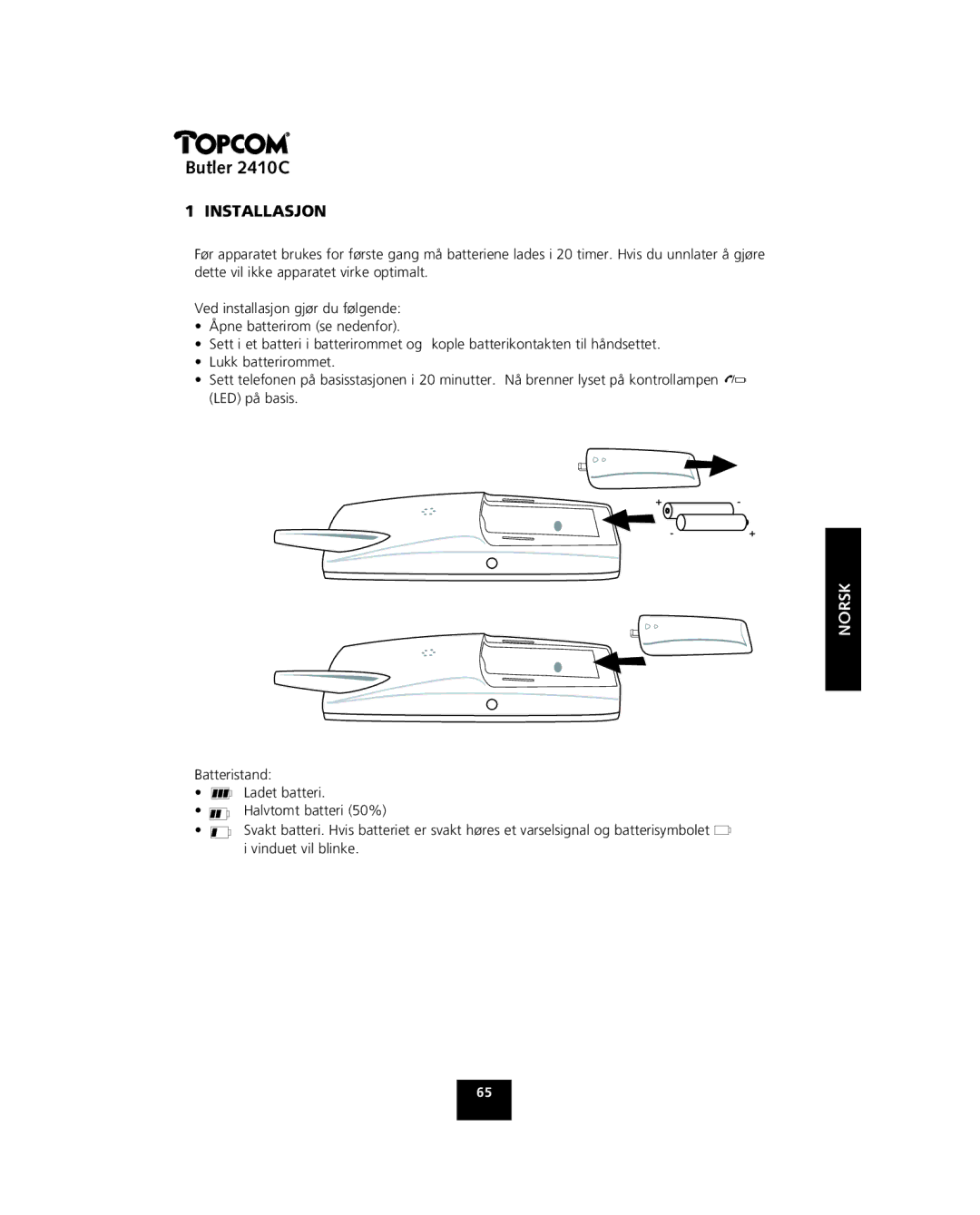 Topcom 2410 C manual Installasjon, Norsk 