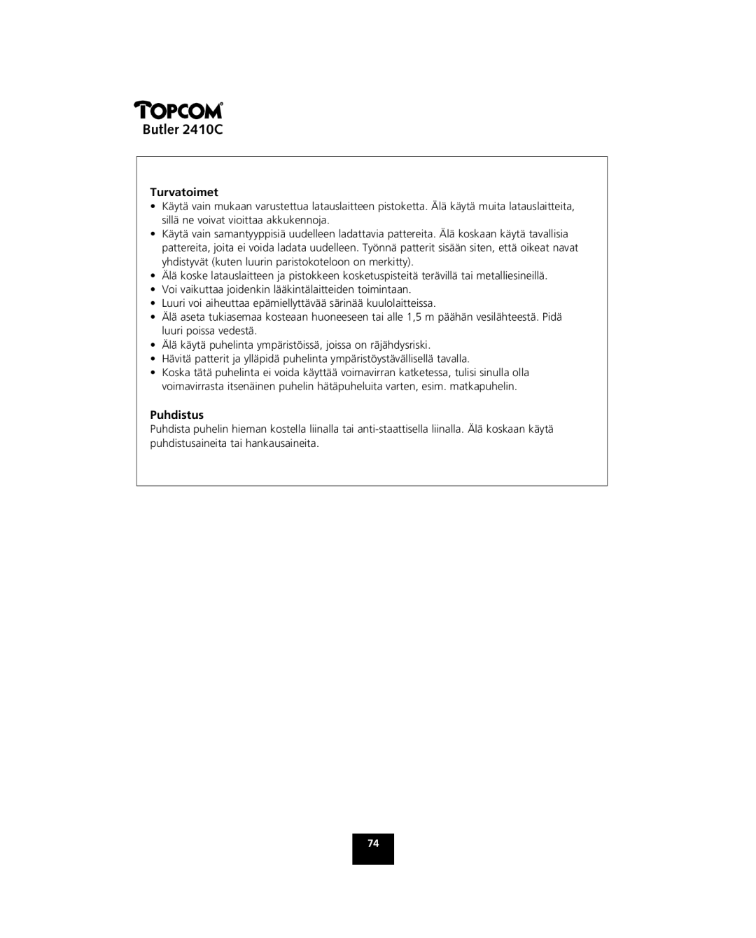 Topcom 2410 C manual Turvatoimet, Puhdistus 