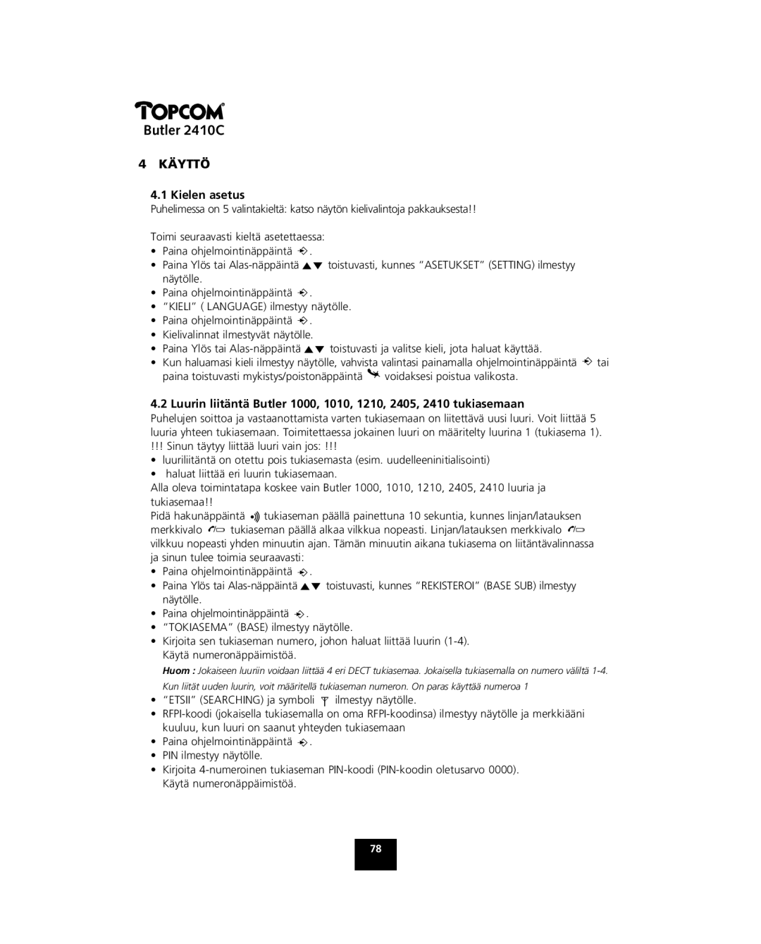 Topcom 2410 C manual Käyttö, Kielen asetus 