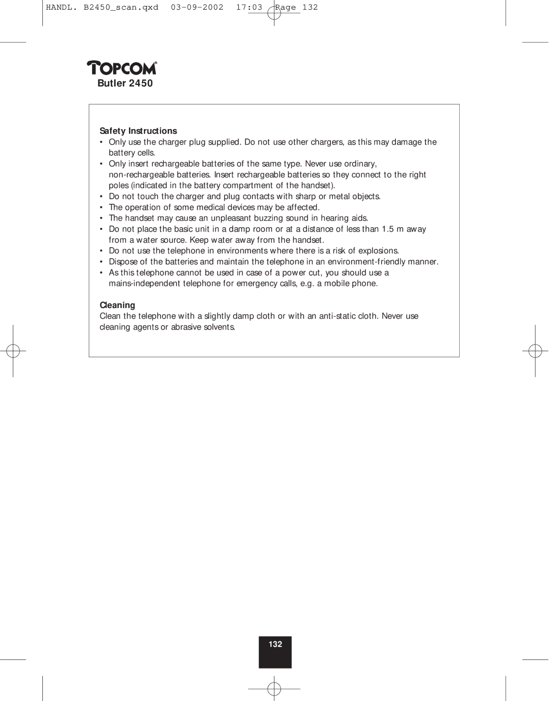 Topcom 2450 manual Safety Instructions, Cleaning 