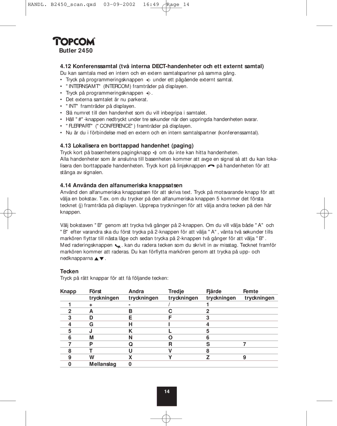 Topcom 2450 manual Lokalisera en borttappad handenhet paging, 14 Använda den alfanumeriska knappsatsen, Tecken 