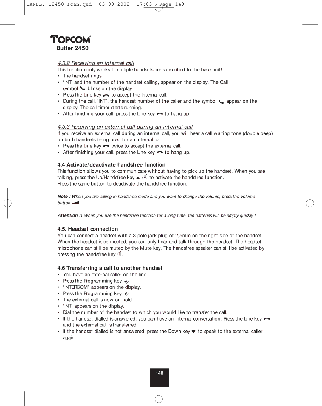Topcom 2450 manual Receiving an internal call, Receiving an external call during an internal call, Headset connection 