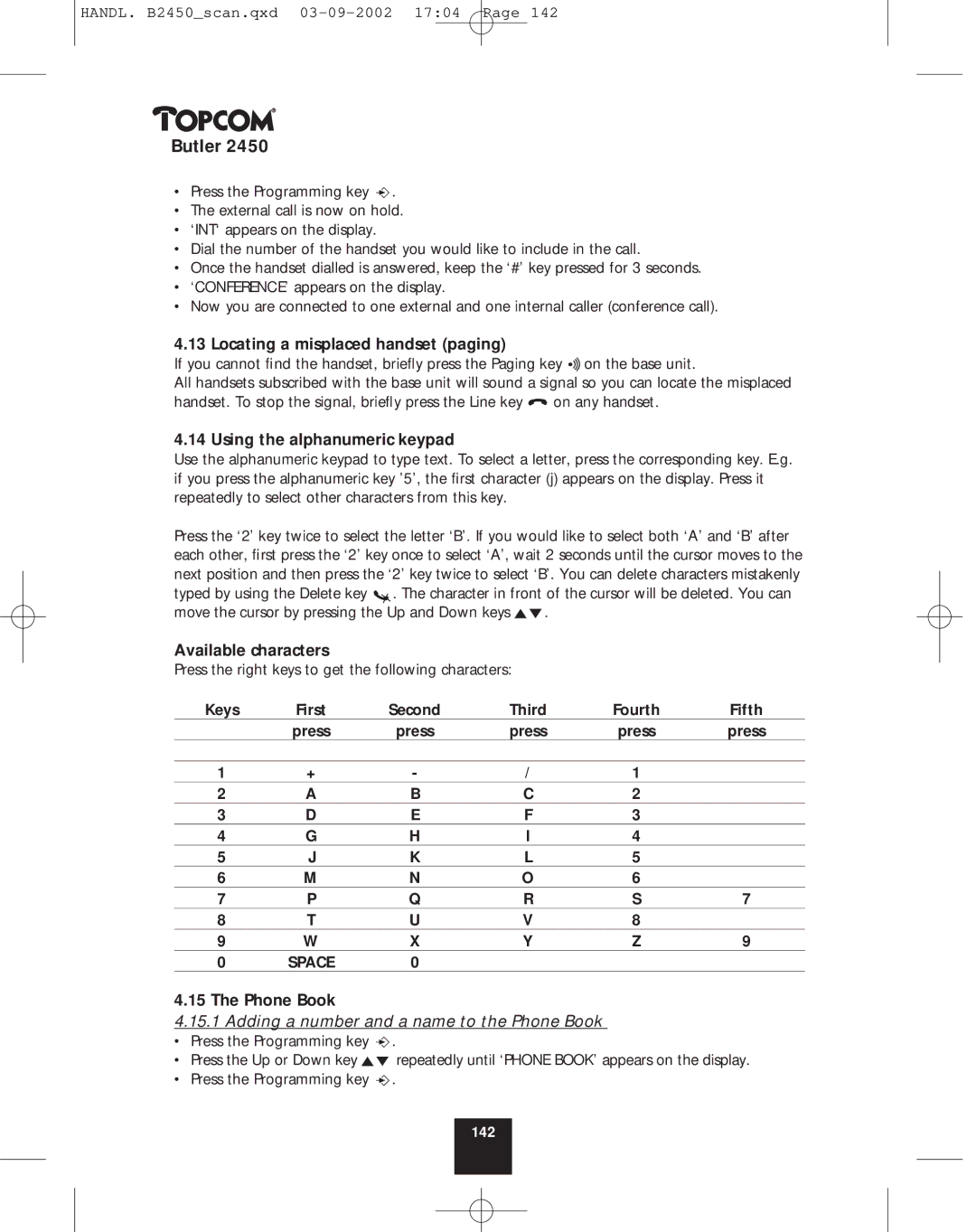 Topcom 2450 Locating a misplaced handset paging, Using the alphanumeric keypad, Available characters, Fifth, Phone Book 