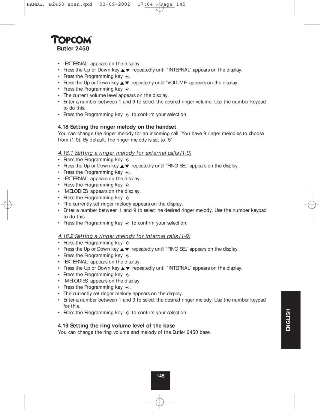 Topcom 2450 manual Setting the ringer melody on the handset, Setting a ringer melody for external calls 