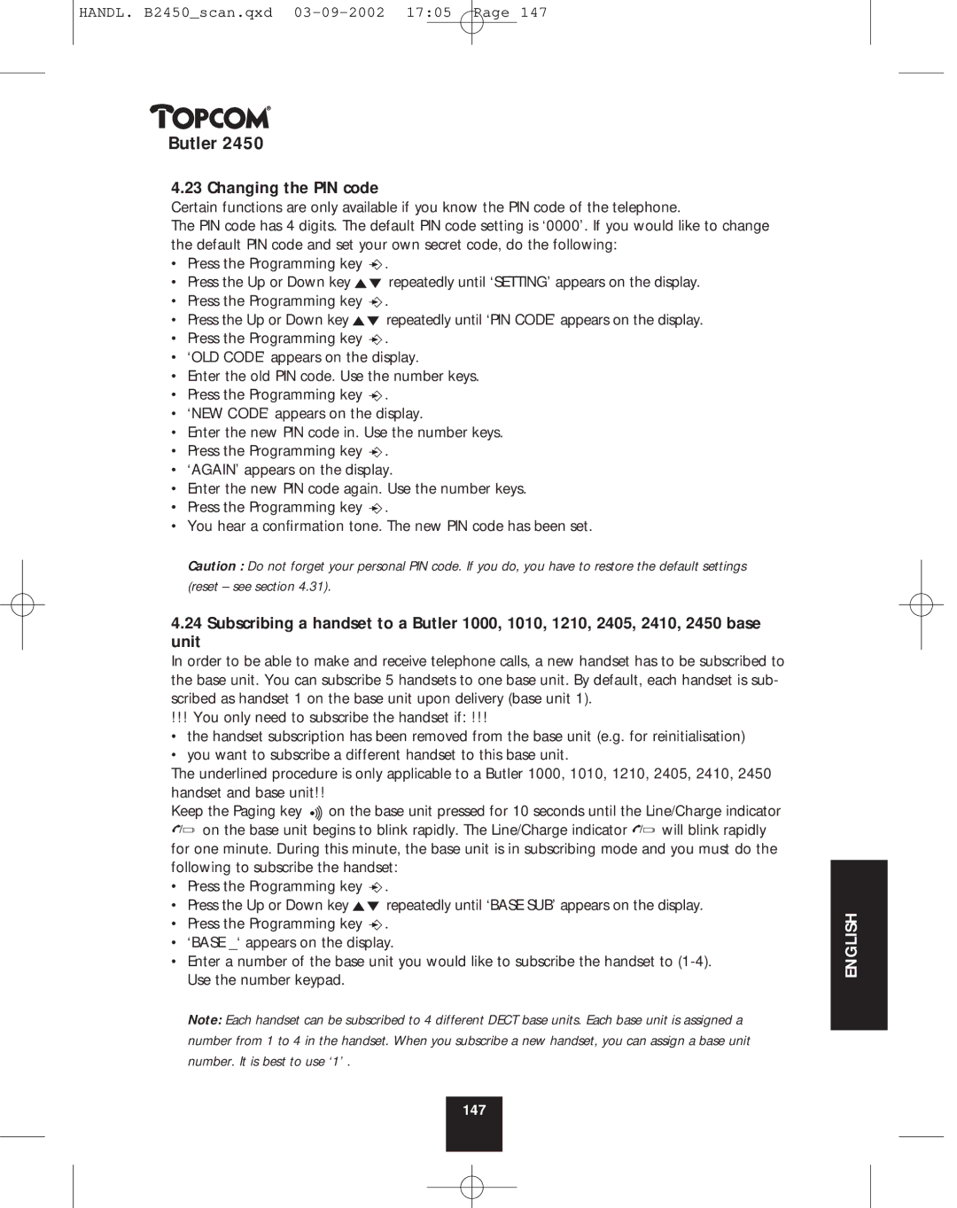 Topcom 2450 manual Changing the PIN code 