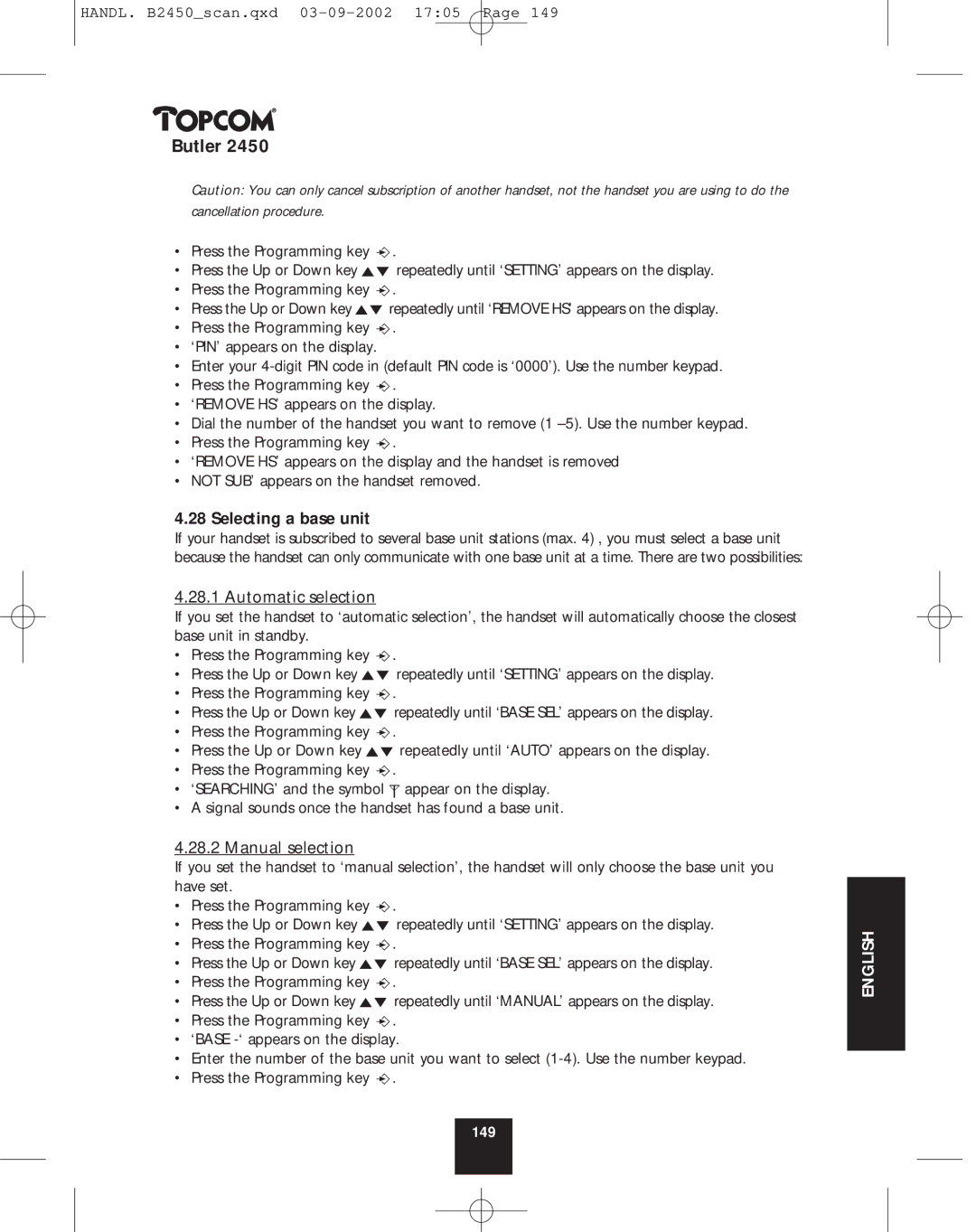 Topcom 2450 manual Selecting a base unit, Automatic selection, Manual selection 