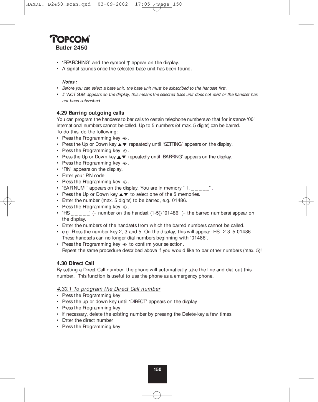 Topcom 2450 manual Barring outgoing calls, To program the Direct Call number 