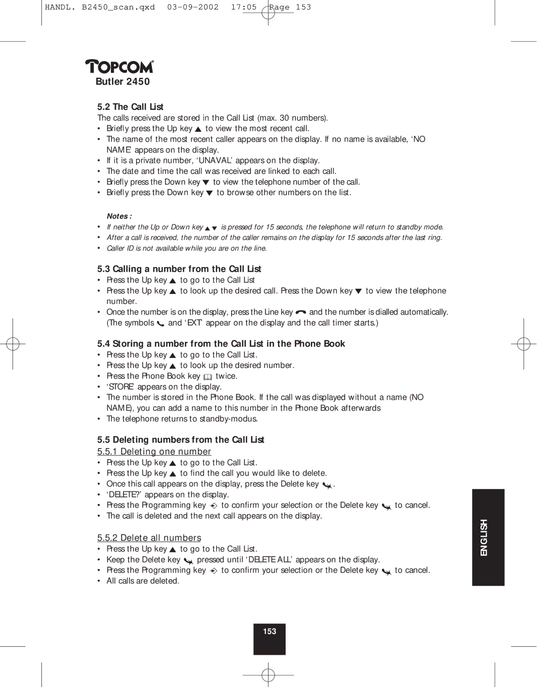 Topcom 2450 manual Calling a number from the Call List, Storing a number from the Call List in the Phone Book 