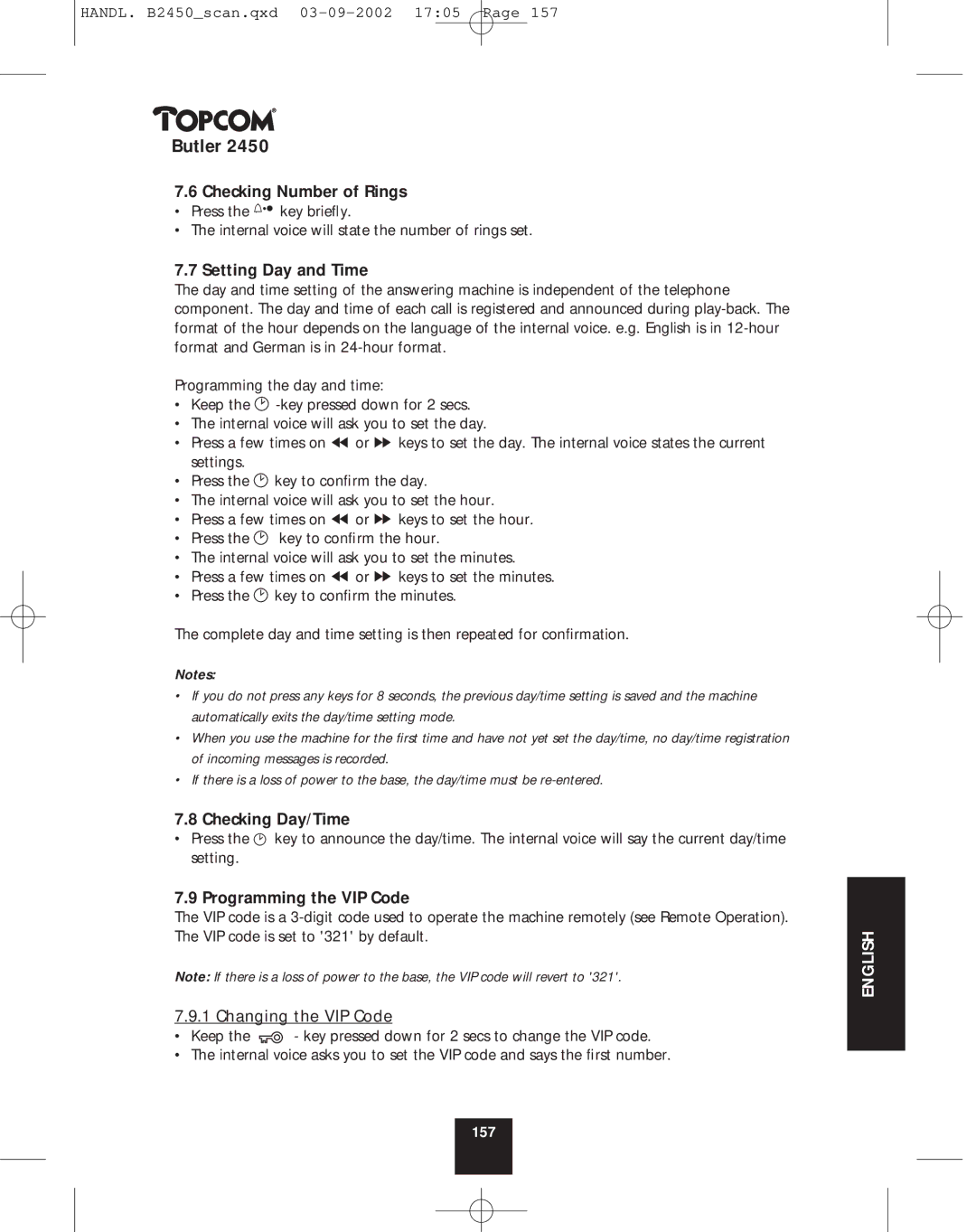 Topcom 2450 manual Checking Number of Rings, Setting Day and Time, Checking Day/Time, Programming the VIP Code 