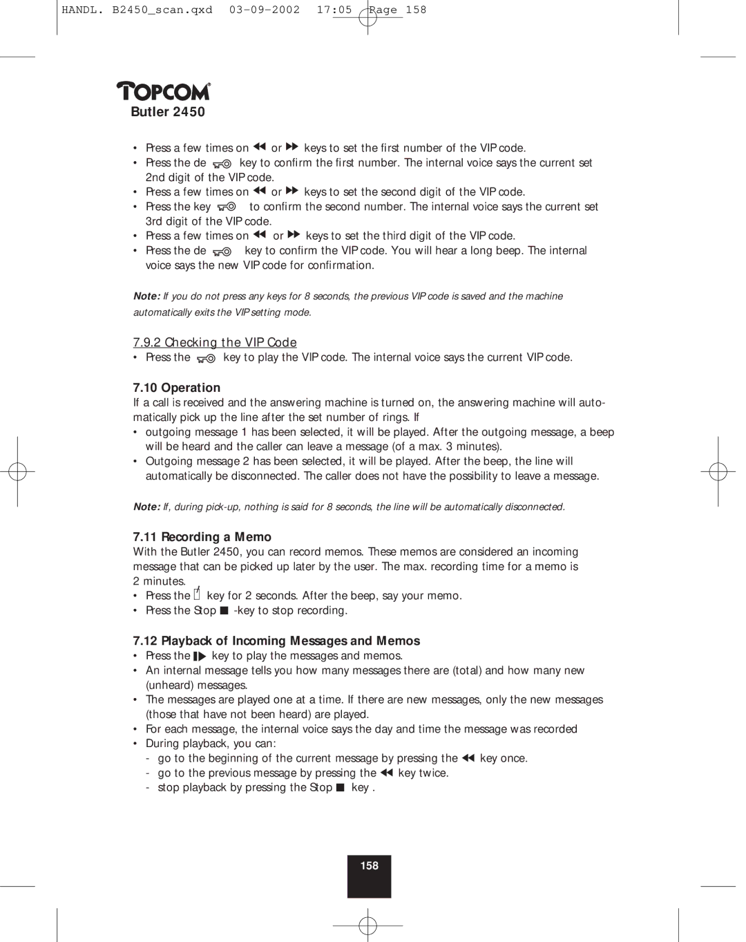 Topcom 2450 manual Checking the VIP Code, Operation, Recording a Memo, Playback of Incoming Messages and Memos 