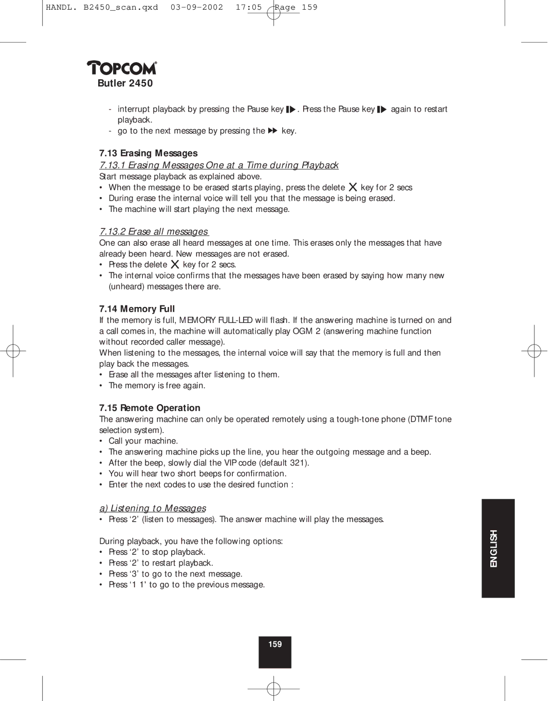 Topcom 2450 manual Erasing Messages, Erase all messages, Memory Full, Remote Operation, Listening to Messages 
