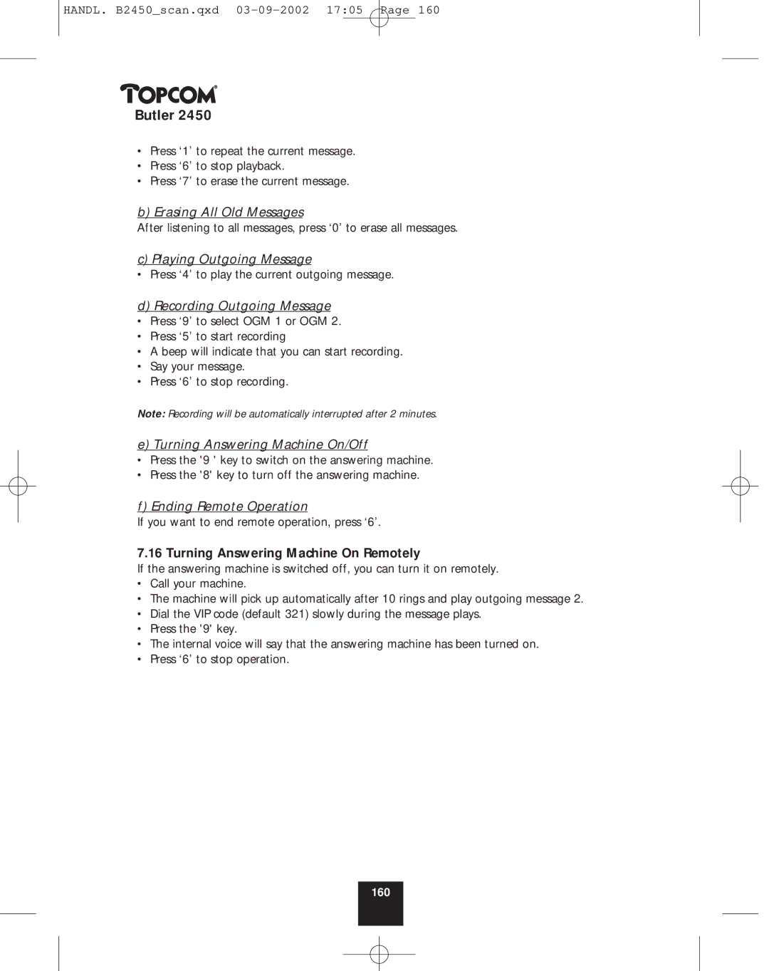 Topcom 2450 manual Turning Answering Machine On Remotely 