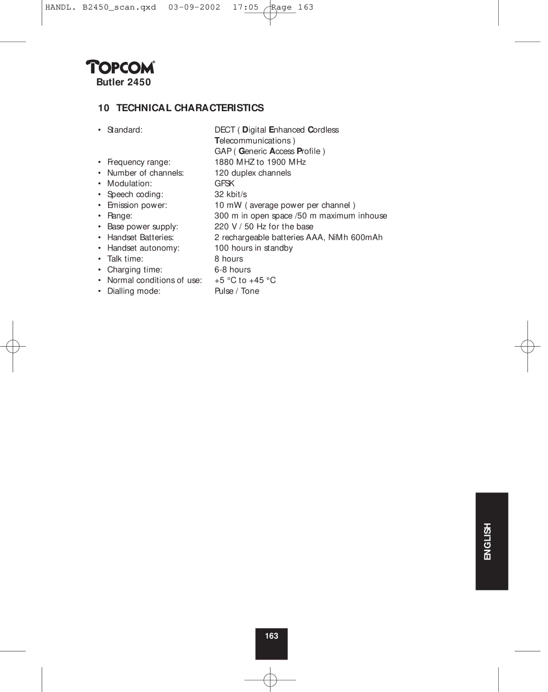 Topcom 2450 manual Technical Characteristics 