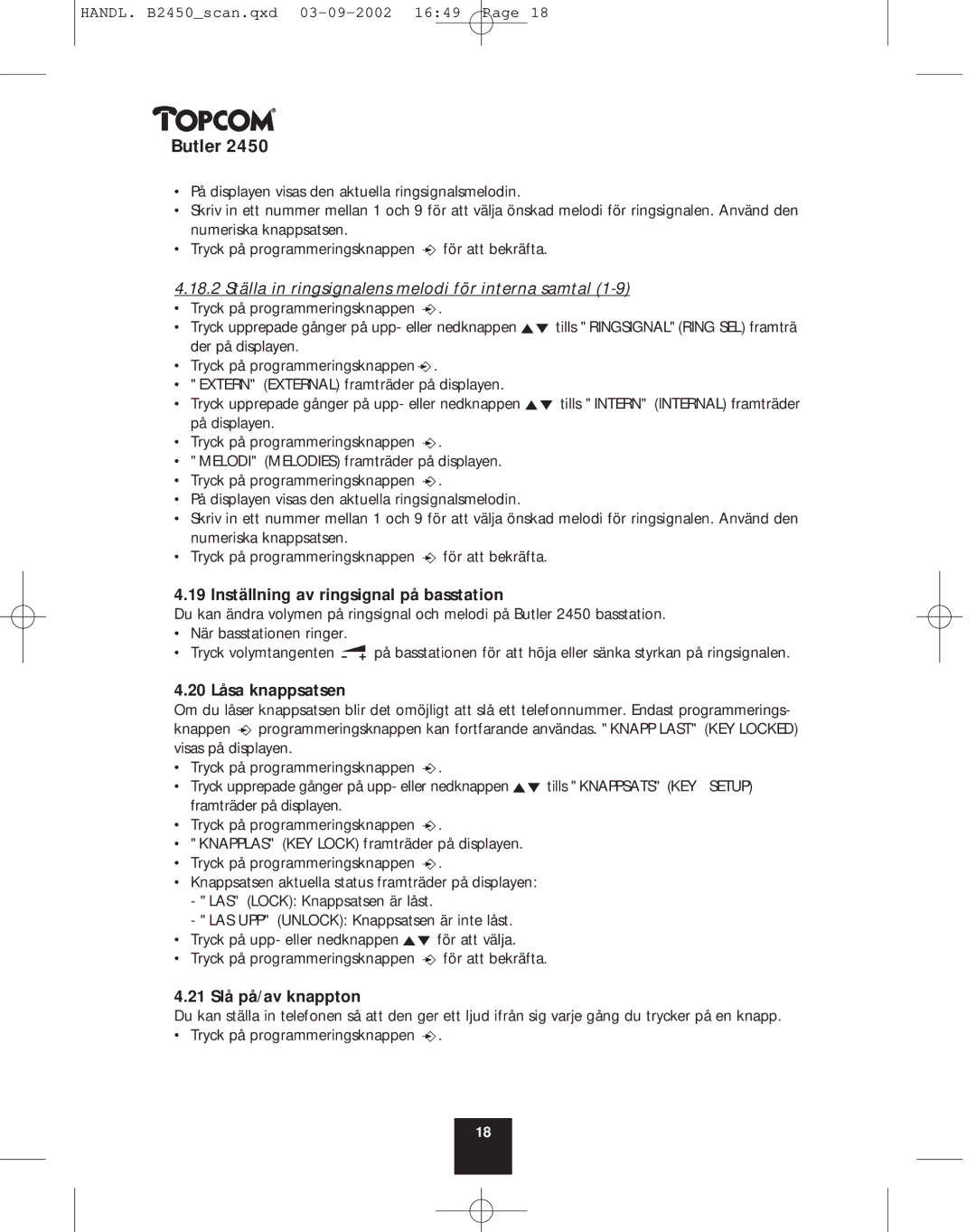 Topcom 2450 manual 18.2 Ställa in ringsignalens melodi för interna samtal, Inställning av ringsignal på basstation 