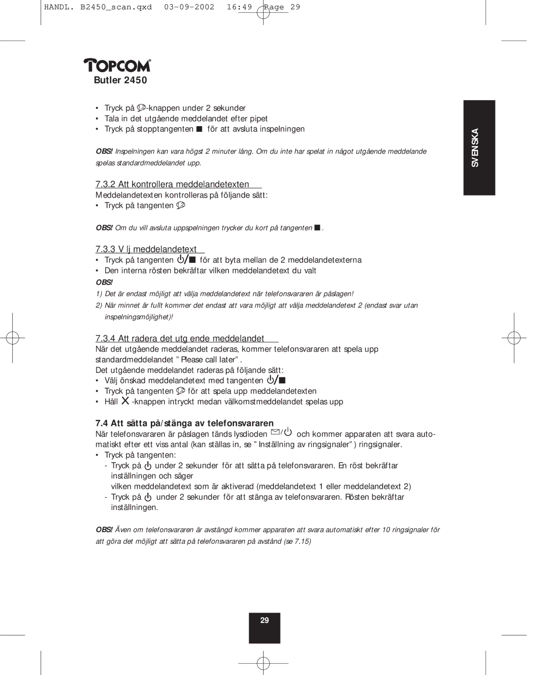 Topcom 2450 manual 3 Välj meddelandetext, Att radera det utgående meddelandet, Att sätta på/stänga av telefonsvararen 