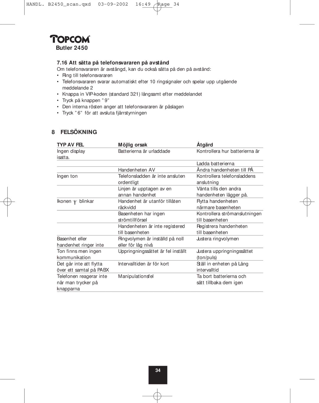 Topcom 2450 manual Felsökning, Att sätta på telefonsvararen på avstånd, Möjlig orsak Åtgärd 