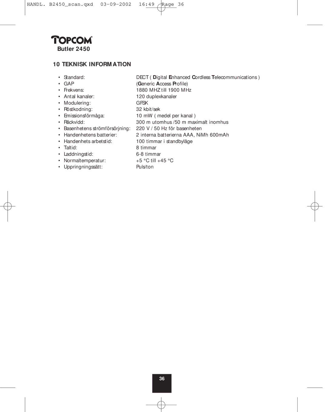 Topcom 2450 manual Teknisk Information, Gfsk 