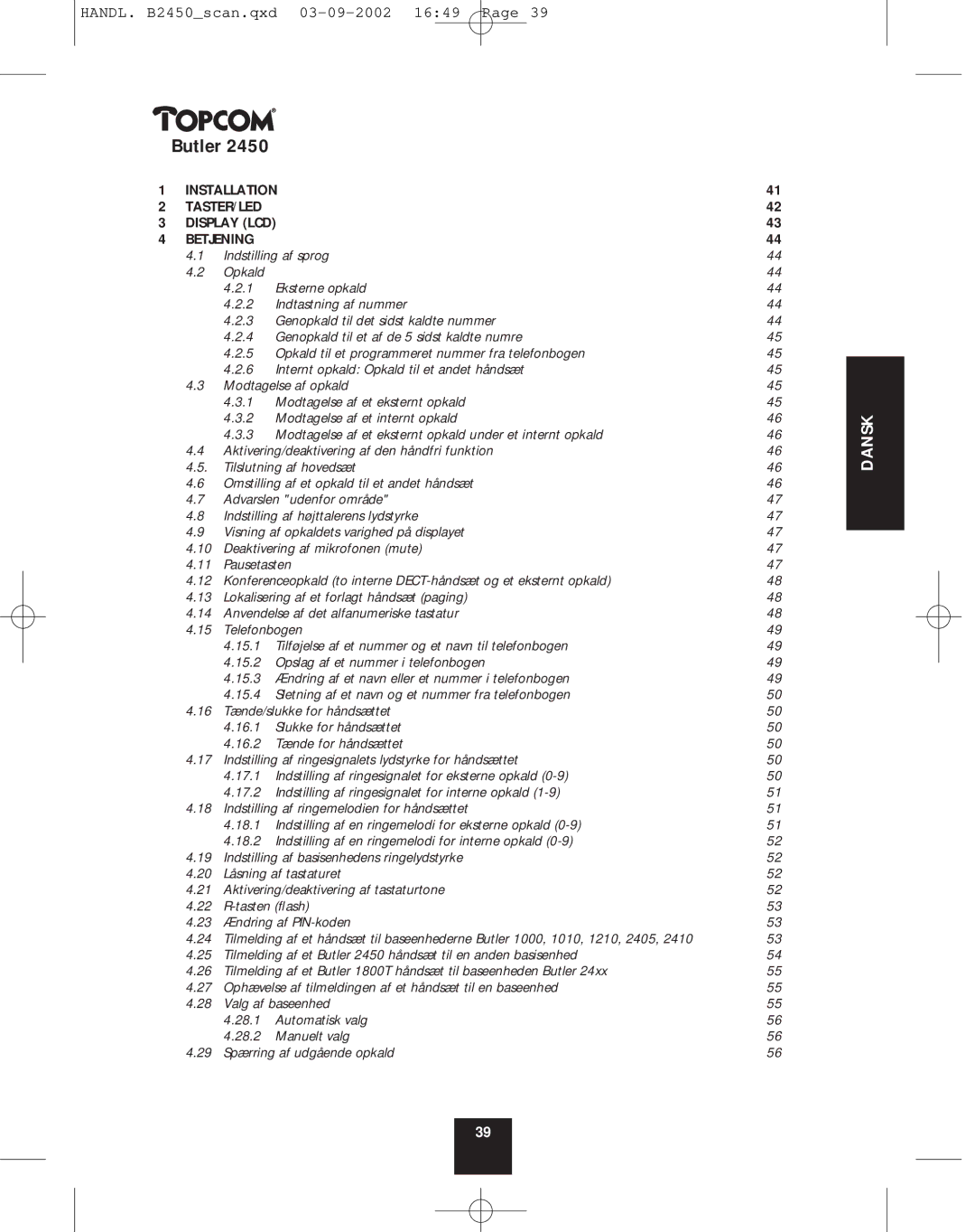 Topcom 2450 manual Dansk 