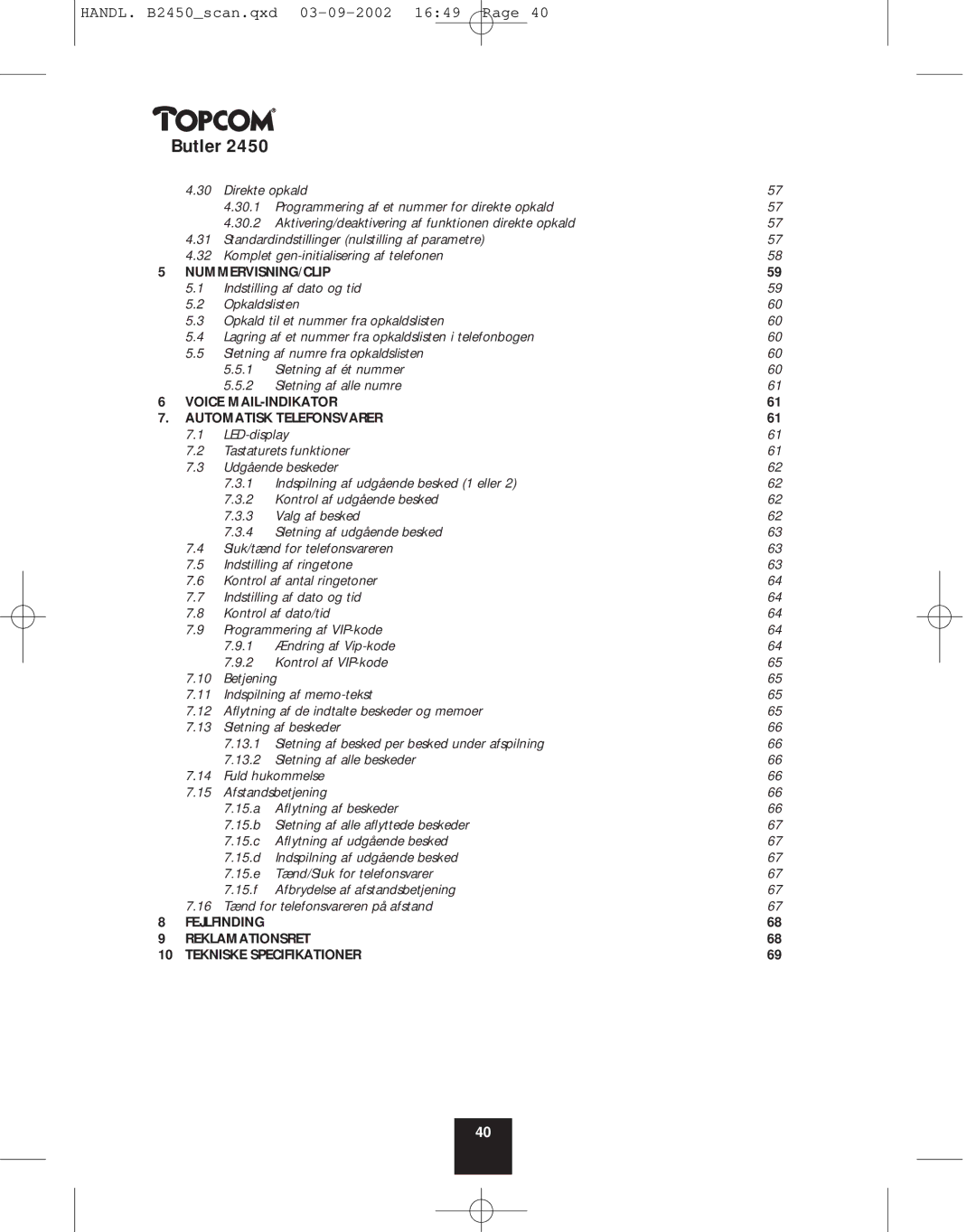 Topcom 2450 manual Reklamationsret Tekniske Specifikationer 