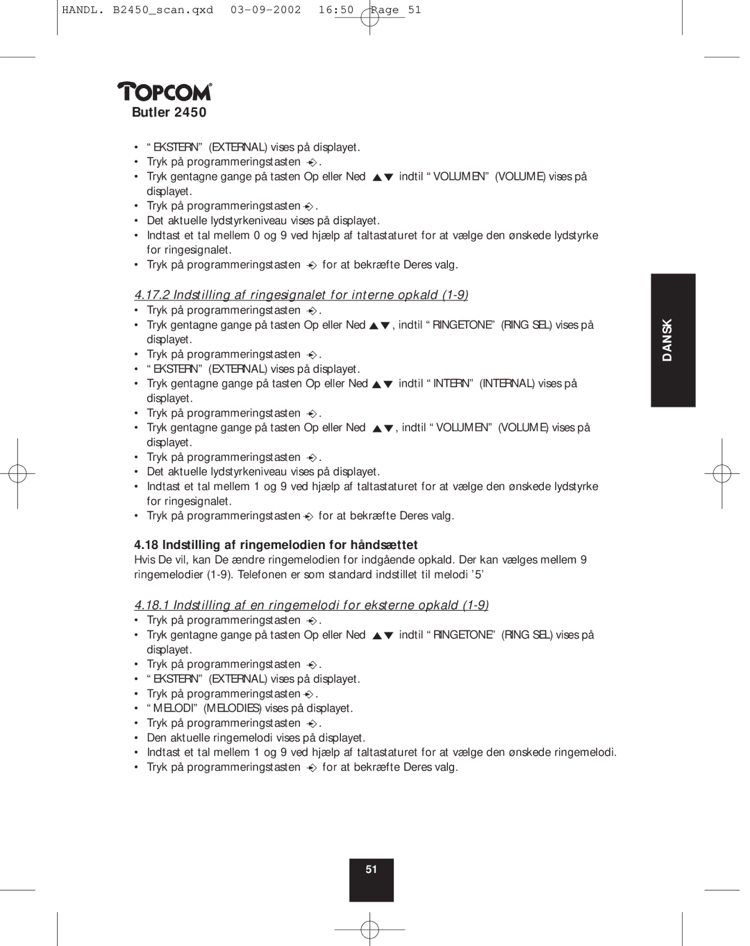 Topcom 2450 manual Indstilling af ringesignalet for interne opkald, Indstilling af ringemelodien for håndsættet 