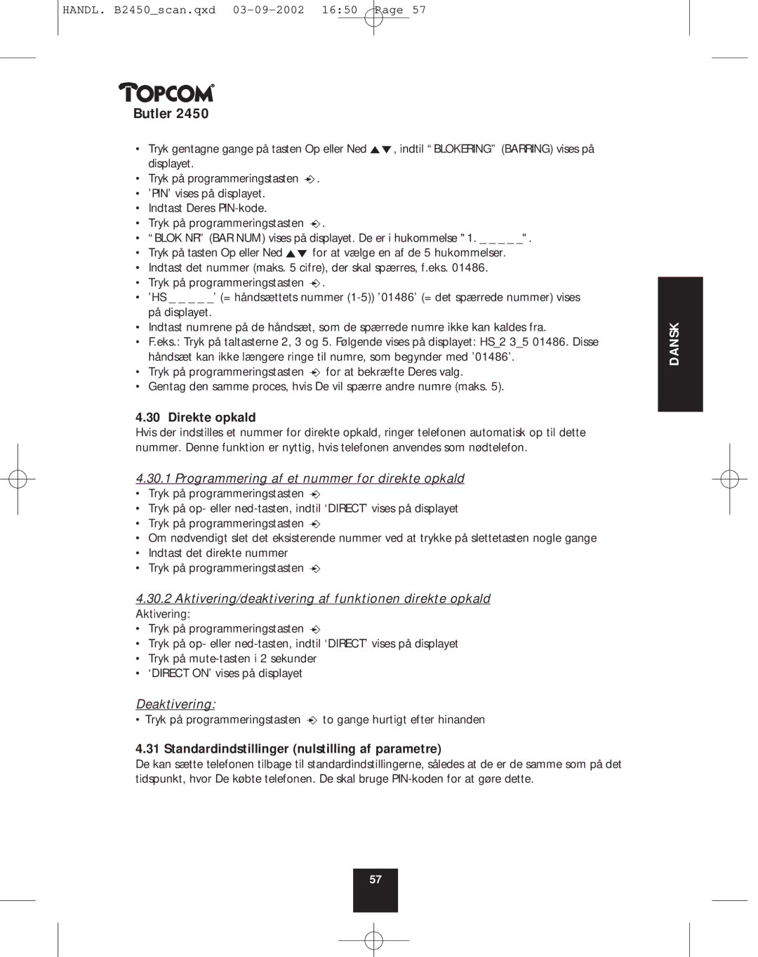 Topcom 2450 manual Direkte opkald, Programmering af et nummer for direkte opkald, Deaktivering 