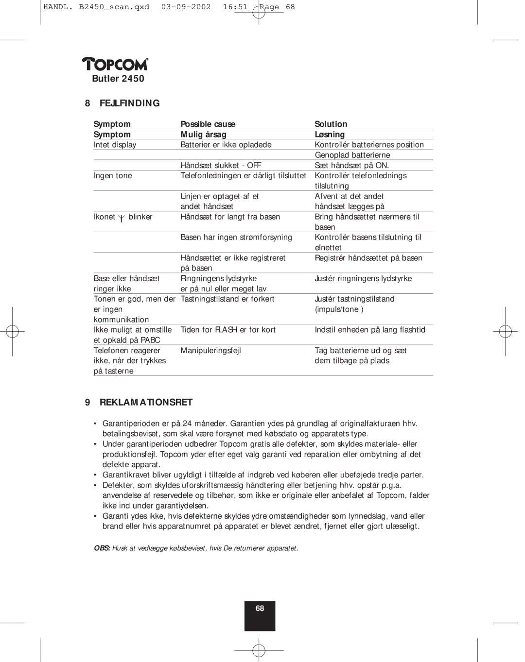 Topcom 2450 manual Fejlfinding, Reklamationsret, Symptom Possible cause Solution Mulig årsag Løsning 