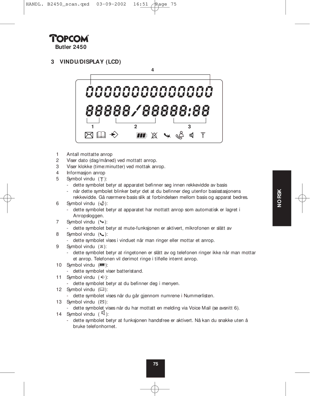 Topcom 2450 manual Vindu/Display Lcd 