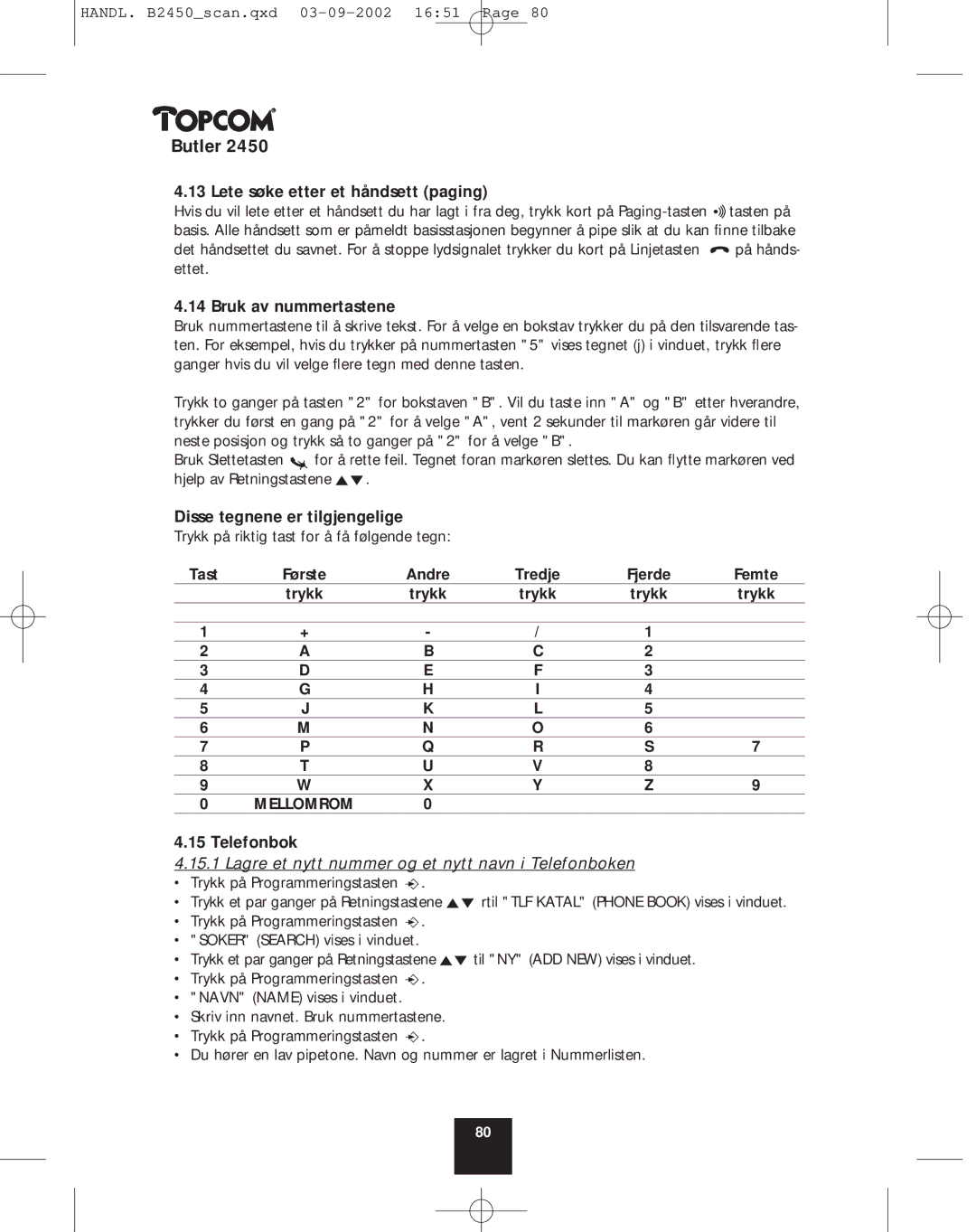 Topcom 2450 manual Lete søke etter et håndsett paging, Bruk av nummertastene, Disse tegnene er tilgjengelige, Telefonbok 