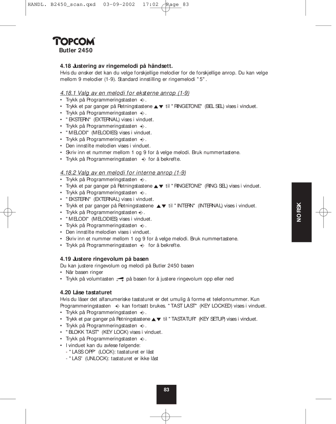 Topcom 2450 manual Justering av ringemelodi på händsett, Valg av en melodi for eksterne anrop, Justere ringevolum på basen 