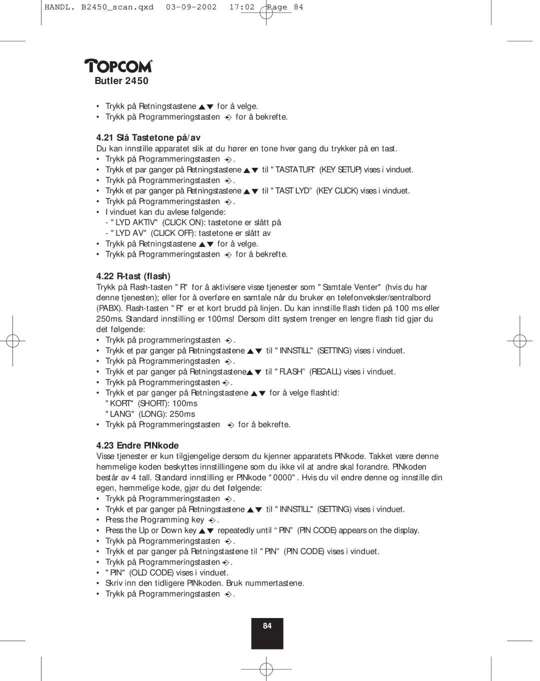 Topcom 2450 manual 21 Slå Tastetone på/av, Tast ﬂash, Endre PINkode 