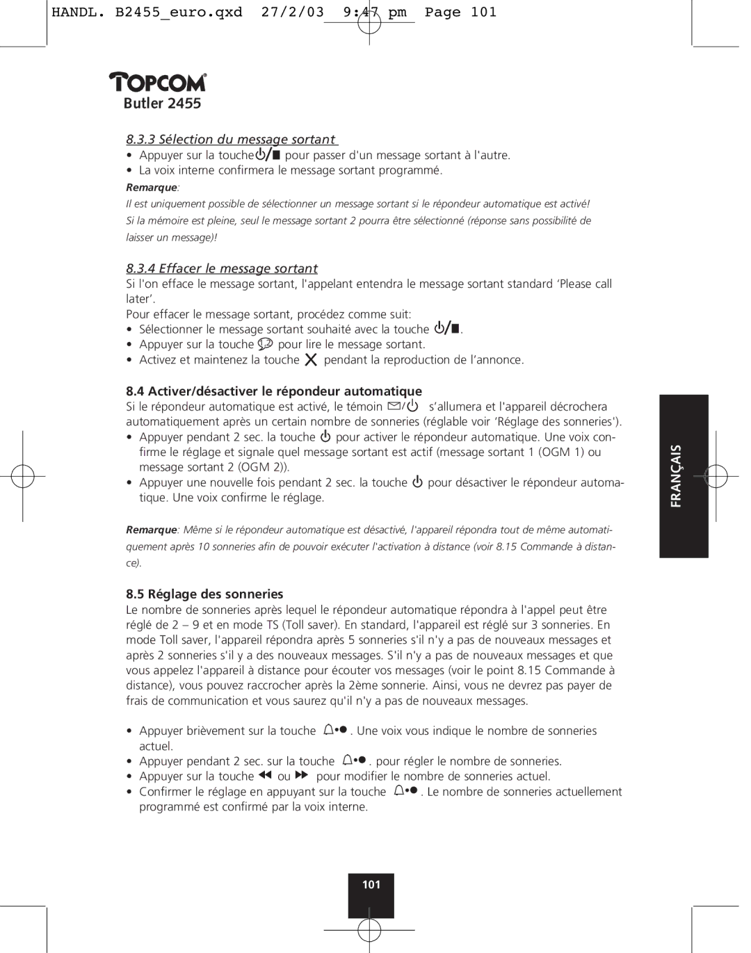 Topcom 2455 manual 3 Sélection du message sortant, Effacer le message sortant, Activer/désactiver le répondeur automatique 