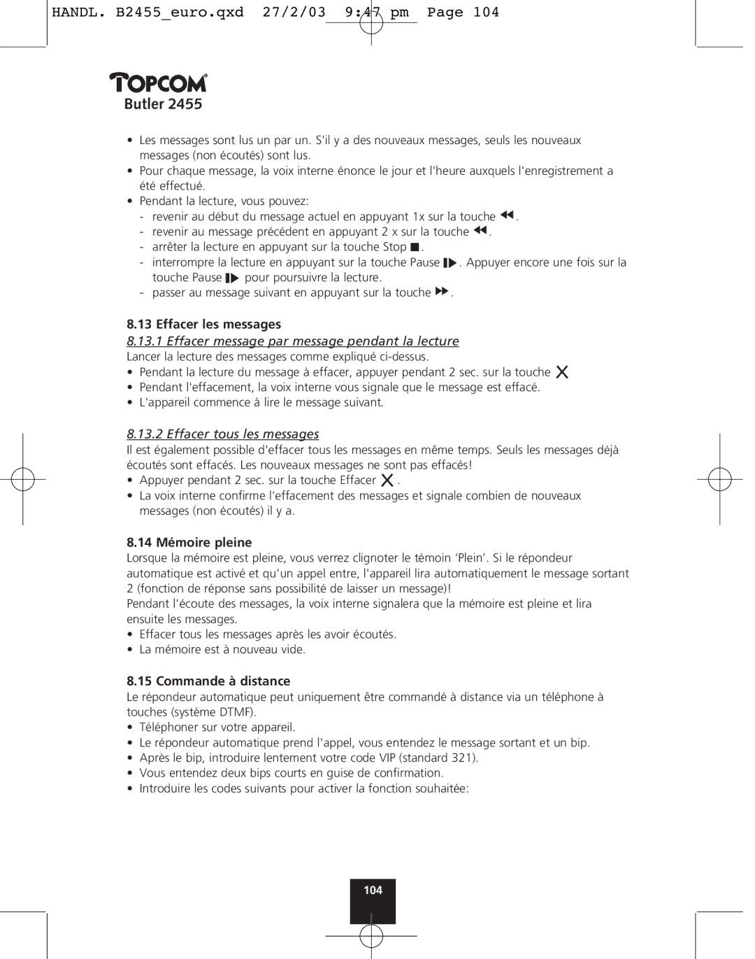Topcom 2455 manual Effacer les messages, Effacer tous les messages, 14 Mémoire pleine, Commande à distance 