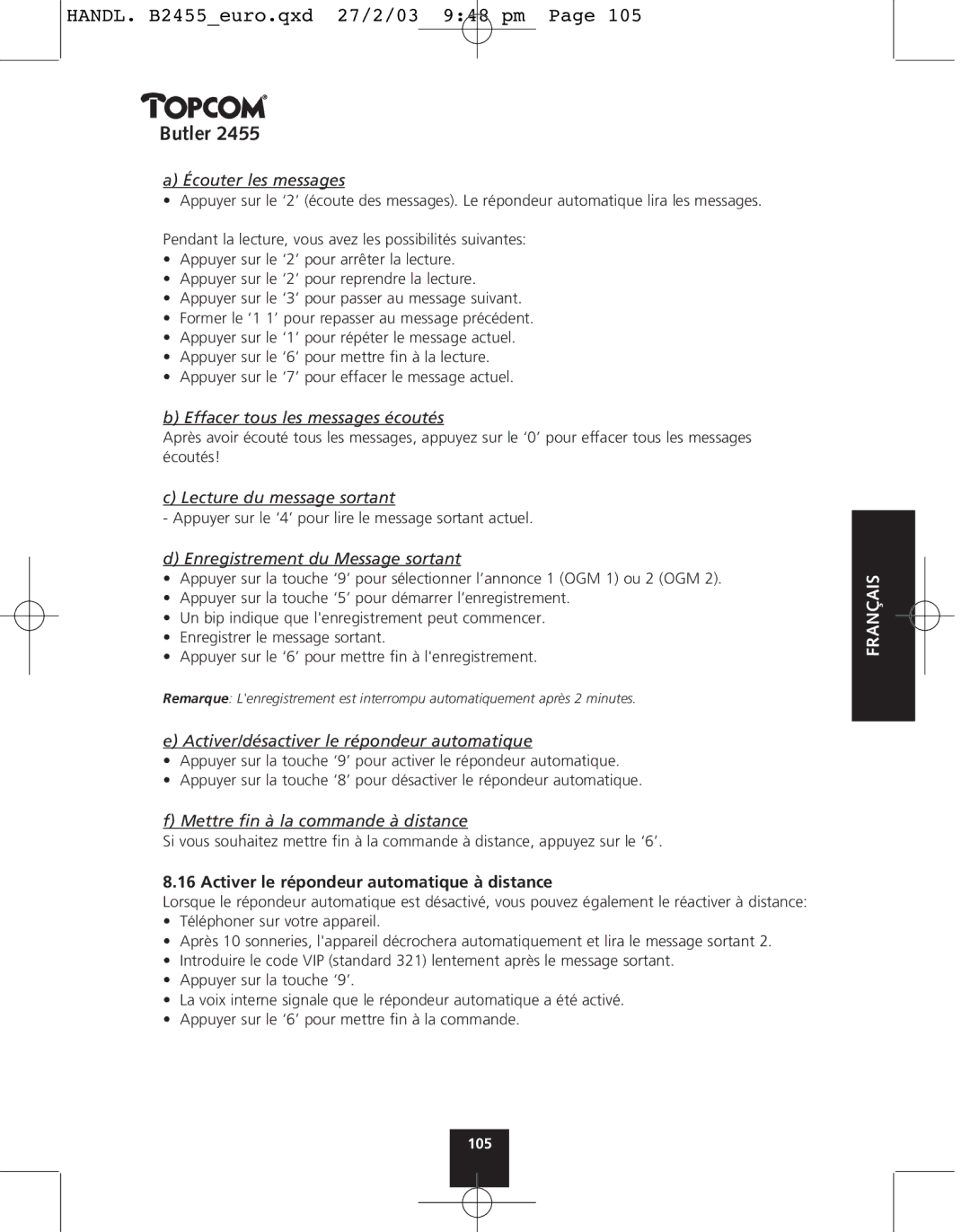 Topcom 2455 manual Activer le répondeur automatique à distance 