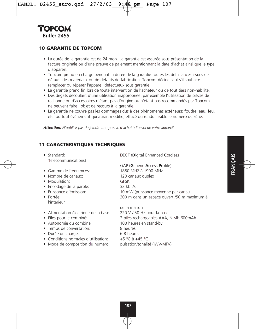 Topcom 2455 manual Garantie DE Topcom, Caracteristiques Techniques 