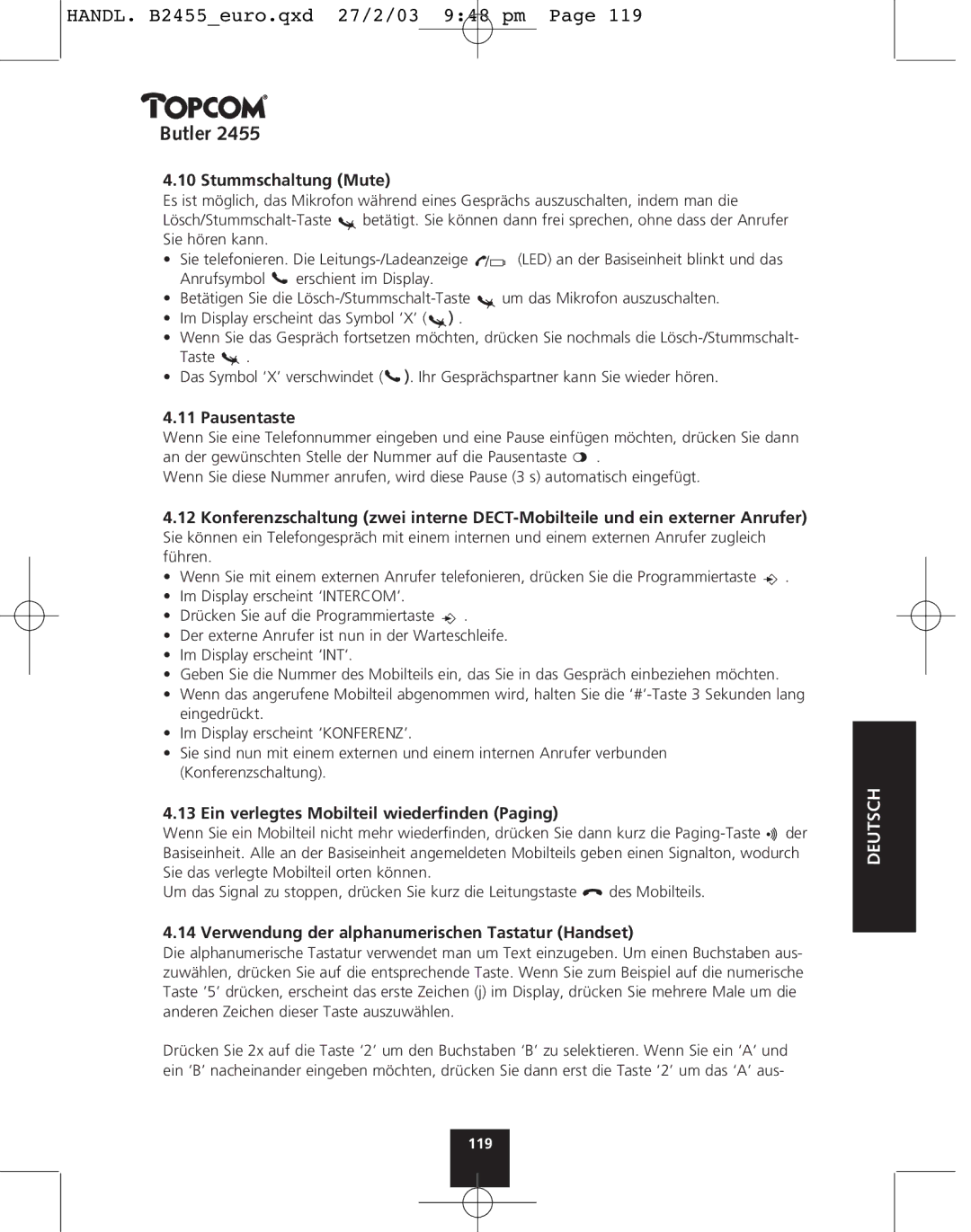 Topcom 2455 manual Stummschaltung Mute, Pausentaste, Ein verlegtes Mobilteil wiederﬁnden Paging 