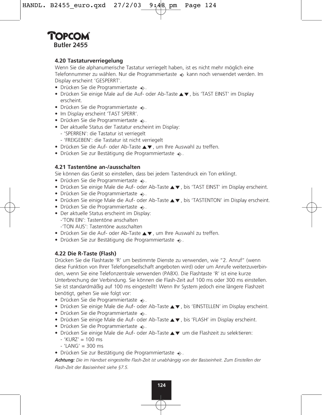 Topcom 2455 manual Tastaturverriegelung, Tastentöne an-/ausschalten, Die R-Taste Flash 