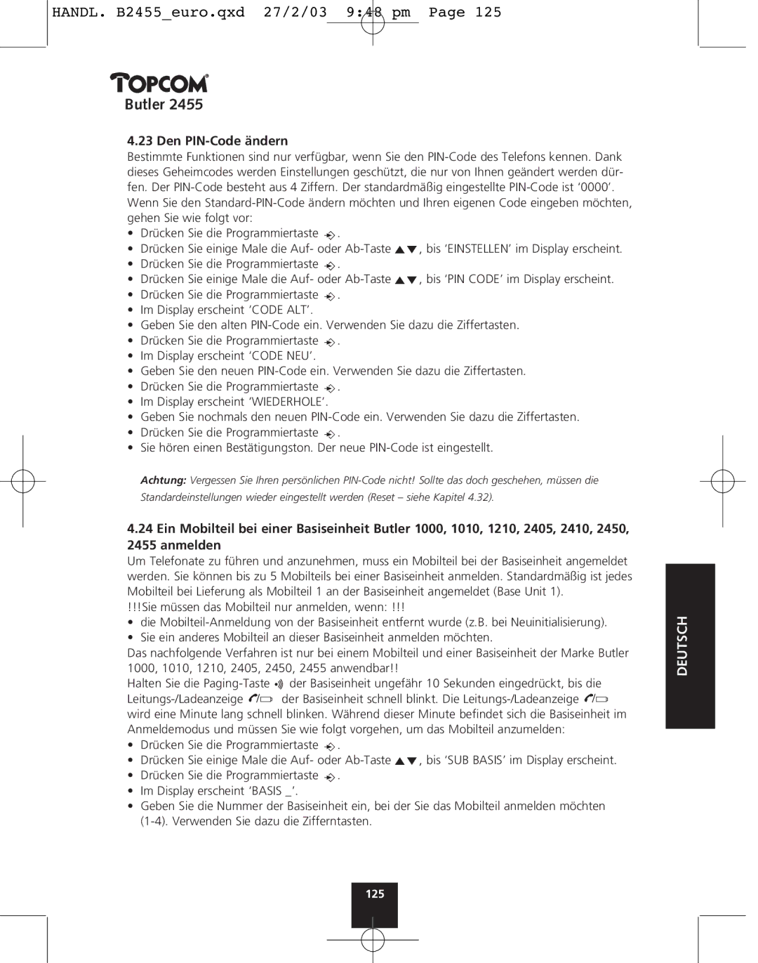 Topcom 2455 manual Den PIN-Code ändern 