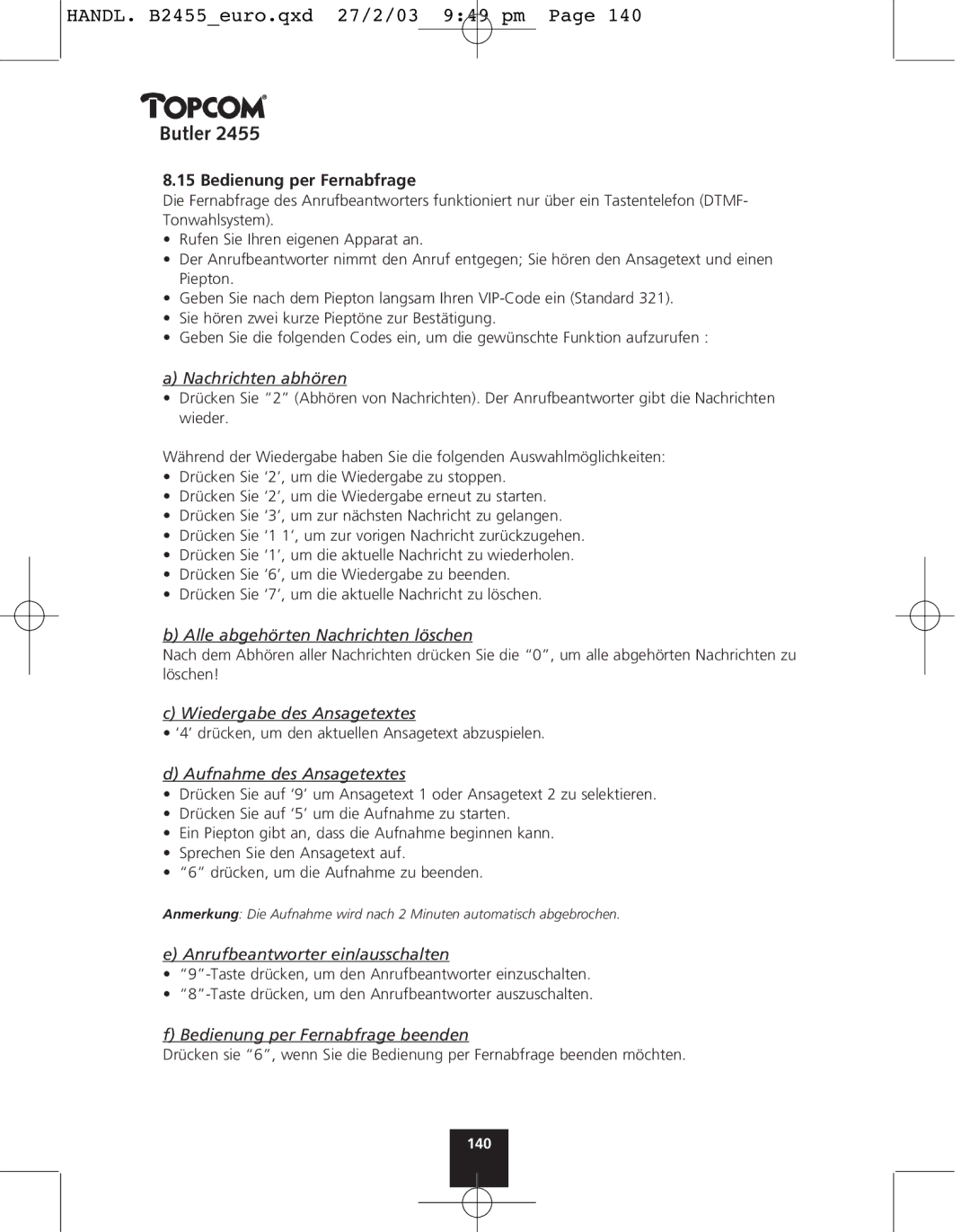 Topcom 2455 manual Bedienung per Fernabfrage 