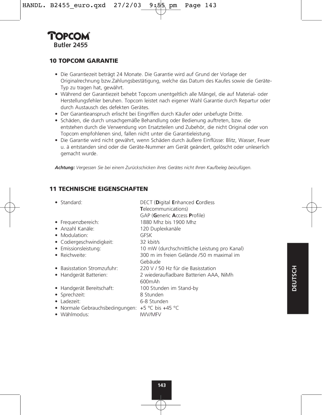 Topcom 2455 manual Topcom Garantie, Technische Eigenschaften 