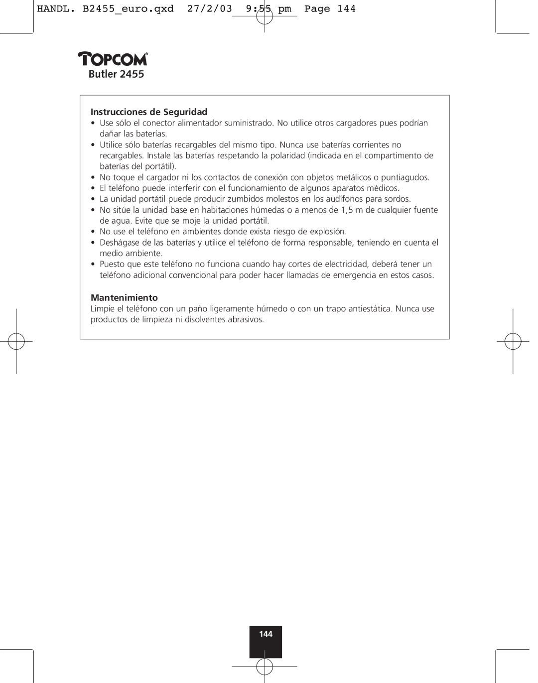 Topcom 2455 manual Instrucciones de Seguridad, Mantenimiento 