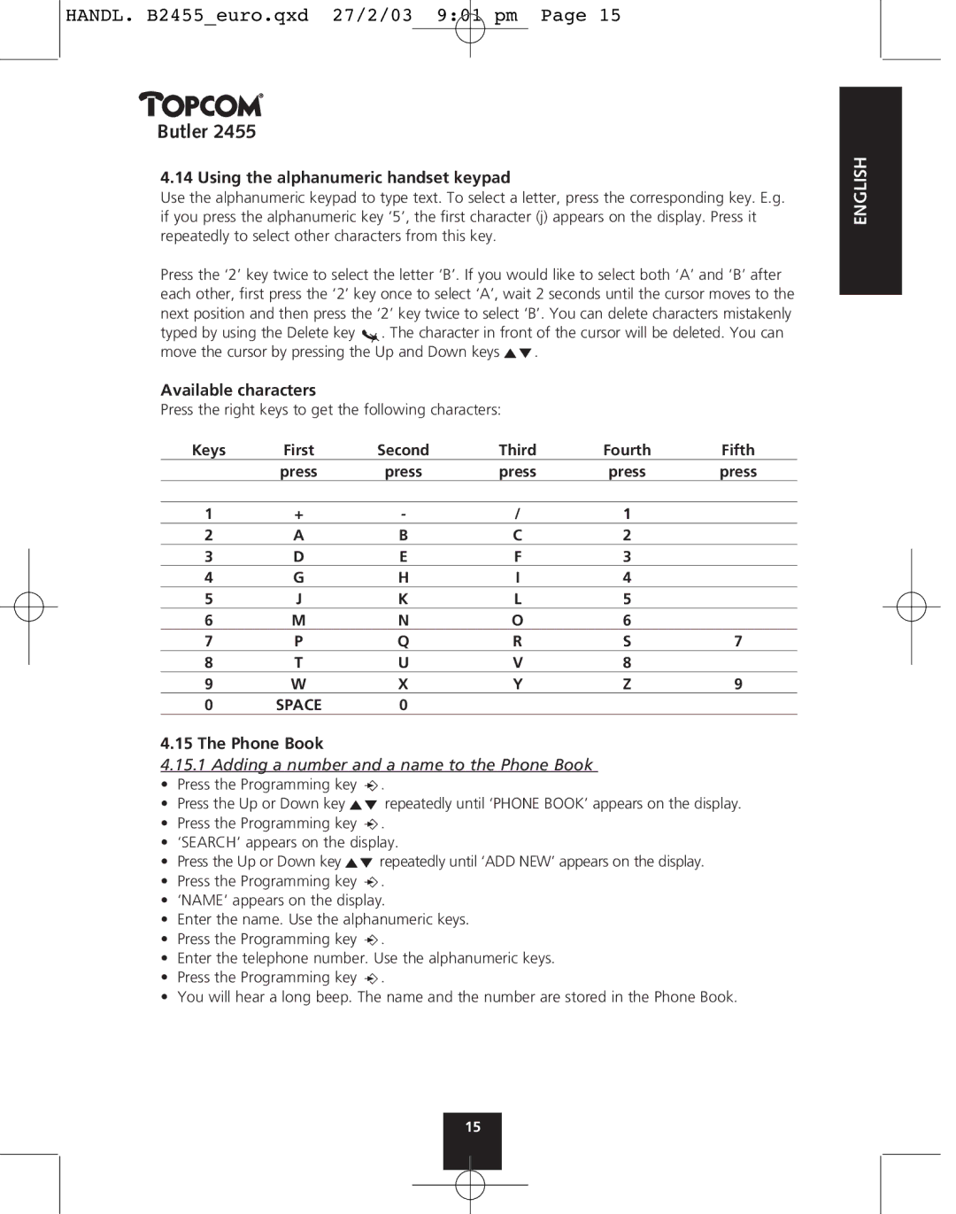 Topcom 2455 manual Using the alphanumeric handset keypad, Available characters, Phone Book 