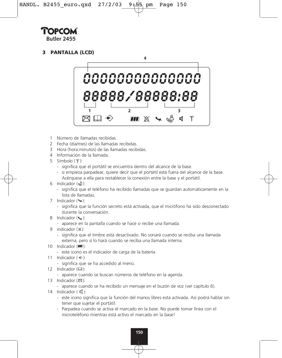 Topcom 2455 manual Pantalla LCD 